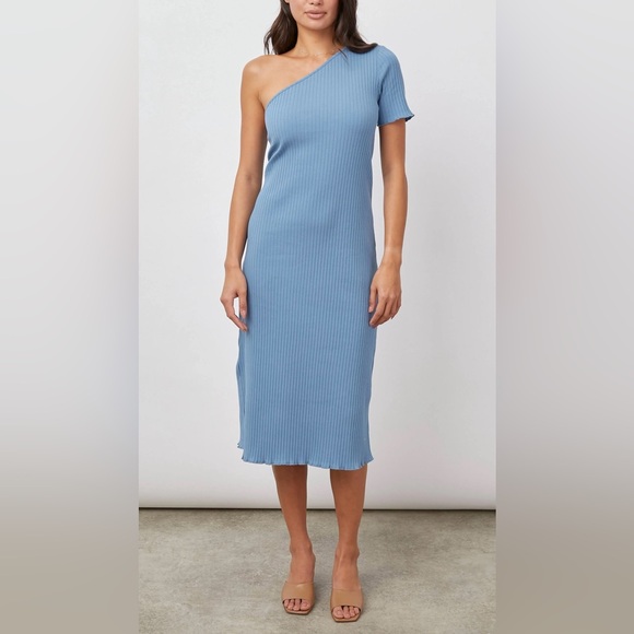 Rails Dresses & Skirts - Rails Rania One Shoulder Midi Dress Aegean Blue Size M Ribbed Knit Ruffled Hem